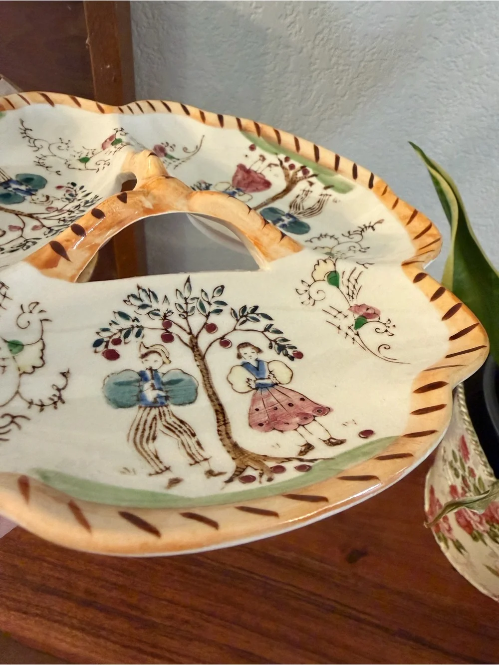 Mid-Century Hand-Painted Cream Ceramic 3-Section Serving Dish - Japan